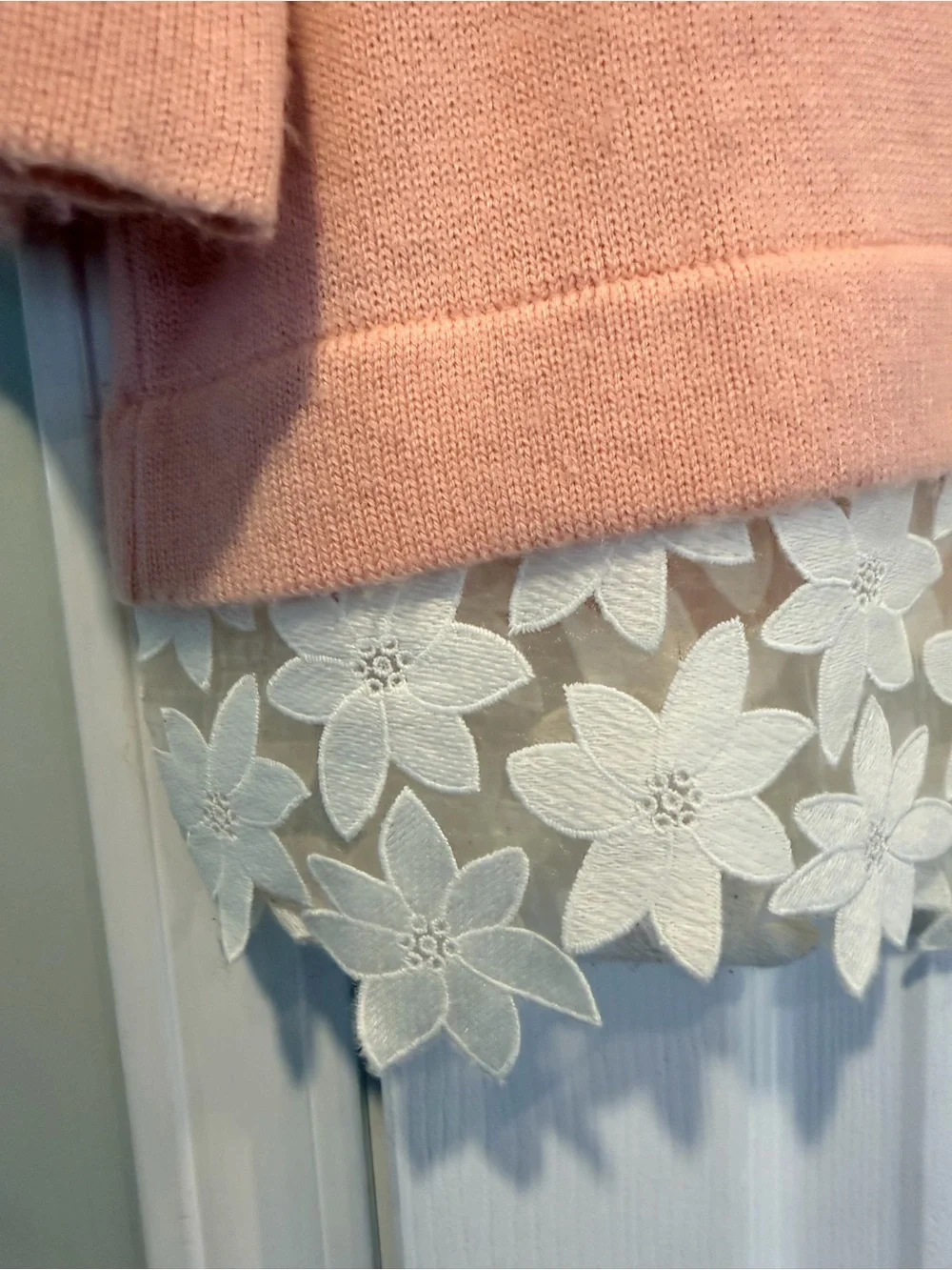 J.Crew Size M Peach Knit Sweater w Floral Lace Hem Merino Wool Blend 3/4 Sleeve